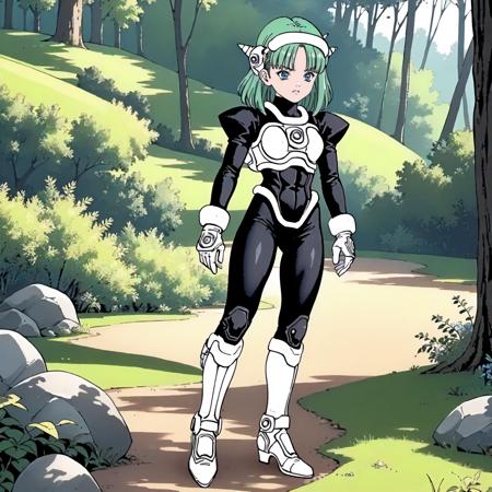 SparkGirl,1girl,green hair,medium hair,blue eyes, headgear1, black body suit,puffy_sleeves,white chest armor, white gloves, white knee boots, headgear2, black dress,puffy_sleeves,white chest armor, black gloves, miniskirt, garter_straps,black_thighhighs, white shoes,