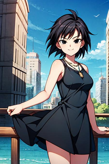 <lora:ginev3:.5> gine, 1girl, sunlight, solo, breasts, closed, blue sky, black hair, black eyes, city, bare shoulders, collarbone, cowboy shot, short hair,  floating hair, looking at viewer, smile, looking at viewer,  spiked hair, monkey tail, 
black dress, necklace, 
 <lora:add_detail:1>