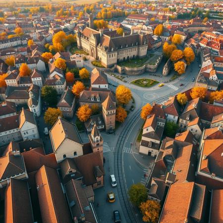 Create a photorealistic image of a photograph capturing an aerial view of an old European city.
The image shows a top-down bird’s-eye view of a historic city in Central Europe, displaying its urban layout. The cityscape features a variety of tiled rooftops, some with turrets, gables, and other architectural details. Narrow winding streets weave through the city, with some wider roads visible as well. Several town squares and old churches can be seen, along with a single town hall. A winding river flows through the city center, adding to its charm. Small parks and green spaces are scattered throughout.
The city is full of life, with bustling shops, people, and various modes of transport. Trams are visible on some streets. The terrain is slightly uneven, with gentle elevation changes. On a hill, a medieval fortress with towers and stone walls stands proudly, overlooking the city.
The season is autumn, with trees displaying vibrant yellow, orange, and deep red leaves. The lighting is soft and warm, indicating early evening but not yet twilight. The sun is low on the horizon but remains hidden behind a thin layer of clouds, casting a gentle, diffused glow over the city.