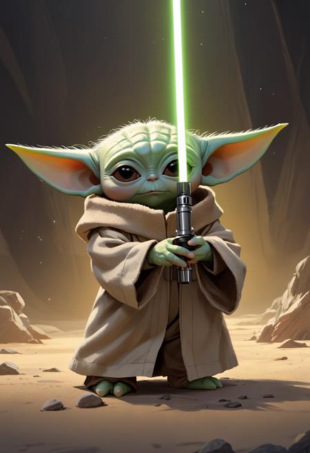 Baby Yoda, Star Wars, 8k, hdr, masterpiece, insanely detailed, minimalist composition, speed paint art by (Greg Rutkowski and Walt Disney), vector art