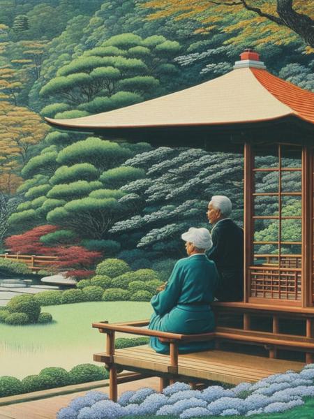 <lyco:KawaseHasui:1.0> An elderly couple sitting on a porch, admiring a lush Zen garden by Kawase Hasui