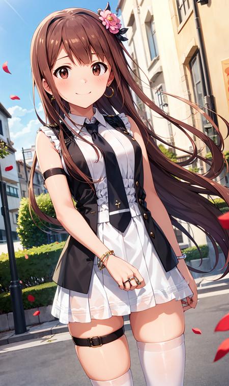 kotoha tanaka \(million live\), shiny trinity \(costume\), (best quality, 8K, masterpiece, ultra detailed:1.2), 1girl, solo, shiny skin, shadow, cinematic lighting, detailed background, wide shot, full dody, clear sky, blue sky, day, dappled sunlight, street, floating hair, wind, petals, seductive smile, standing, see-through, thigh strap, earrings, bracelet, hair flower, necktie, wedding ring, black thighhighs, hairband, ribbon, hair ornament,