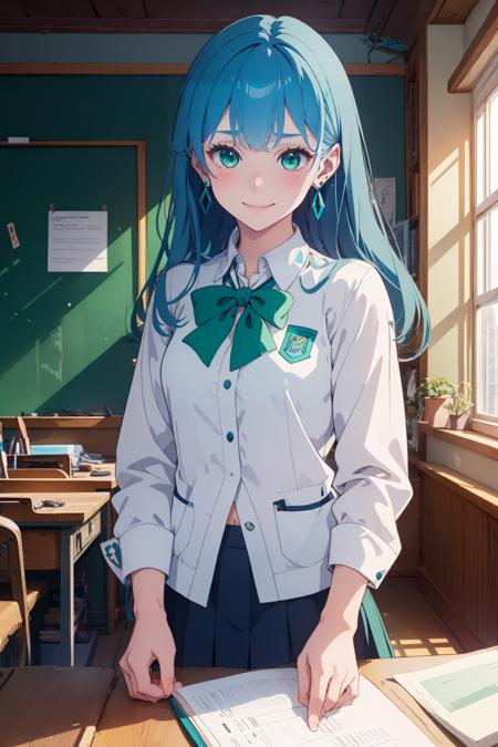 isabellaNorn,1girl,solo,((blue_hair)),long_hair,((green_eyes))blush,smile,happy,<lora:isabellaNornV2-000008:.8:OUTD>,jewelry, earring,indoors,highly_detailed,masterpiece,school uniform, on_top_of_desk