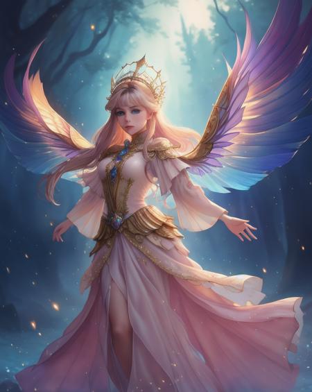 a photography, HD, photo, woman, beautiful dress ornate, in the style of stefan kostic, realistic, half body shot, sharp focus, 8 k high definition, insanely detailed, intricate, elegant, art by stanley lau and artgerm, extreme blur flames background, Princess girl with wing, Blue, Pastel, glitter, dramatic, dreamy, pastel, Watercolor, Whimsical, Delicate, seashell crown, Trending on Artstation, Highly detailed, Intricate, Portrait, digital painting, Fantasy theme, Fantasy robes, Fantasy concept art, Fantasy character art, Smug, Teenage girl, perfect body, full body, dreamy, pastel, Watercolor, Whimsical, Delicate, seashell crown masterpiece, 8k, perfect lighting, , adult, female, cowboy shot, looking at viewer, cinematic lighting, Fawn