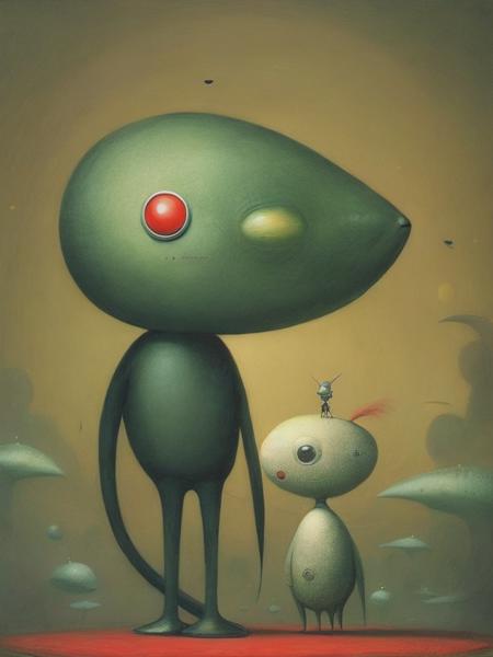 <lyco:ShaunTan:1.0> a human/dog alien hybrid, pop surrealism, mix the art styles of Shaun Tan and Dr. Seuss