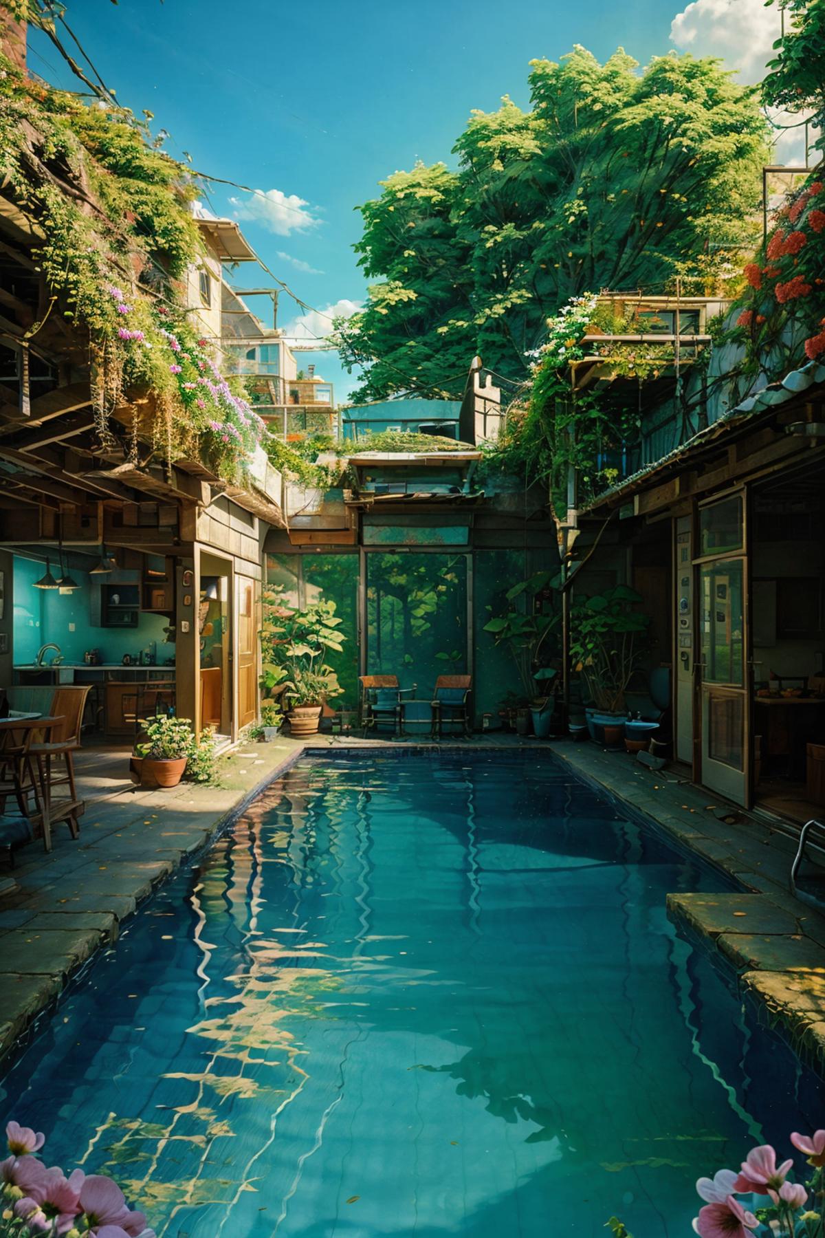 A blue swimming pool in a backyard with potted plants and chairs.