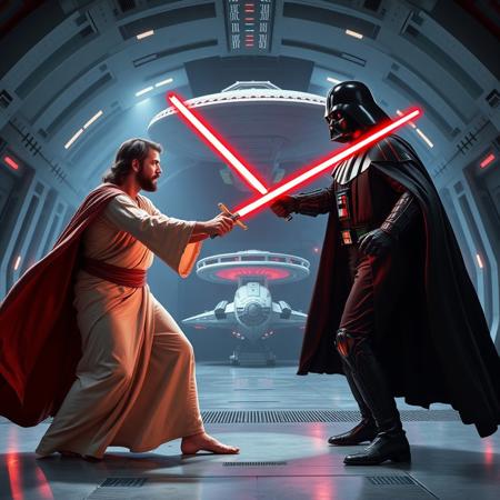 Jesus Christ from the Bible fighting Darth Vader from Star wars with light sabers. They fight inside a futuristic space hangar where the USS Enterprise from Star Trek is docked in the background.