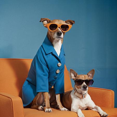 In front view, portrait of a [DOG BREED] wearing 1960s mid-century space-age fashion, backdrop is a deep, neutral blue, setting a stark contrast that accentuates the subject. fluorescent orange shade, wearing a very fashionable lounge coat and sunglasses are a hip 1960s style, clothing all in one color