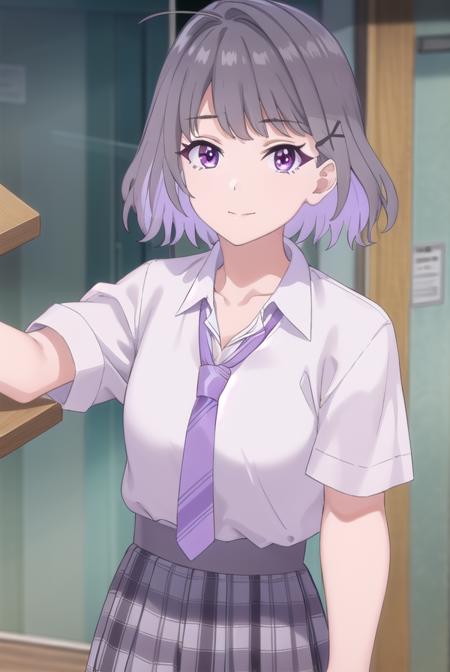 akaritanikita, <lora:akari tanikita s1-lora-nochekaiser:1>,
akari tanikita, short hair, bangs, (purple eyes:1.1), grey hair, multicolored hair, ahoge, smile,
BREAK skirt, shirt, school uniform, white shirt, short sleeves, pleated skirt, necktie, shoes, choker, socks, striped, collared shirt, black footwear, blue skirt, plaid, black choker, plaid skirt, black socks, sneakers, purple skirt, shirt tucked in, striped necktie, purple necktie,
BREAK indoors, classroom,
BREAK looking at viewer, (cowboy shot:1.5),
BREAK <lyco:GoodHands-beta2:1>, (masterpiece:1.2), best quality, high resolution, unity 8k wallpaper, (illustration:0.8), (beautiful detailed eyes:1.6), extremely detailed face, perfect lighting, extremely detailed CG, (perfect hands, perfect anatomy),