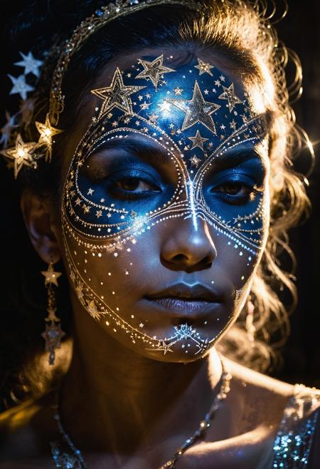 An image of a woman with stars painted on her face, intricate embellishments, contemporary art, backlight, carnivalesque, detailed atmospheric portraits, sgrafitto