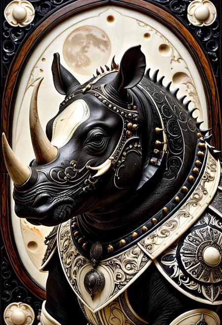 a powerful rhinoceros adorned with ebony and ivory carvings, scrimshaw style, hyper-detailed engravings across its armor-like skin and horn, majestic and surreal creature, black and white contrast, bone and wood textures, ornamental tribal patterns, fantasy realism, photorealistic lighting, dramatic savanna background, highly detailed creature design, sdxl style