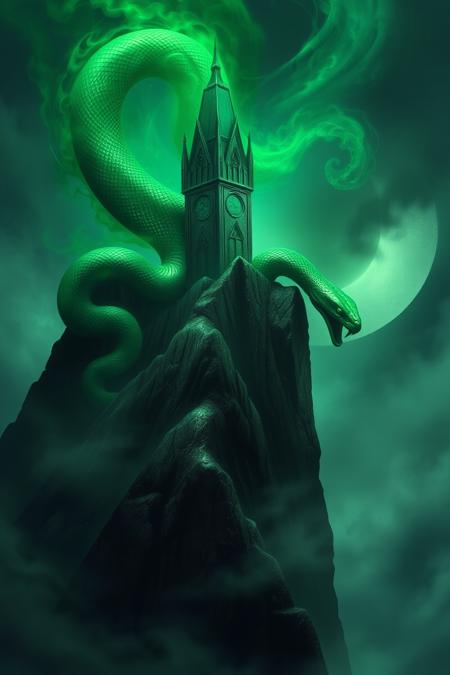 jade_snake. 0n1r1c. An impressive castle on a mountain ridge, guarded by a giant snake. dreamlike lighting and an ethereal atmosphere. Green aura, spooky glow.