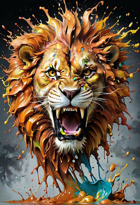 a lion with a big splash of paint all around  it's face,  Background with more painting splash in an intricate spill that leaves the canvas on a 3D s, masterful digital art, spilling juice, caramel, splash image, adi granov, bioart, strong and ferocious, art photograph, smooth drawing, dew, digital screenshot, artistic rendering.