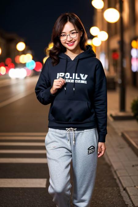 (8k, RAW photo, best quality, masterpiece:1.2), (realistic, photo-realistic:1.37), best quality, ultra high res, photon mapping, radiosity, physically-based rendering, 1girl, ((glasses)), ((hoodie)), ((sweatpants)), naughty face, cute, (laughing), (happy), (Kpop idol), (aegyo sal:1), ((puffy eyes)), looking at viewer, posing, (full body), large breasts, busty, large butt, cityscape, night, (bokeh:1.4), <lora:koreanDollLikeness_v10:0.5>, ((wink)), ((hair blown by air)),