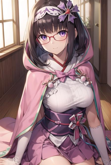 osakabehime, <lyco:osakabehime-lyco-nochekaiser:1>, 
osakabehime, black hair, gradient hair, long hair, low twintails, multicolored hair, (purple eyes:1.1), twintails, glasses, pink-framed eyewear,
BREAK cape, detached sleeves, hood, hood up, hooded cape, obi, yes, pink skirt, sandals, sash, skirt, tabi, white legwear, pink hood, pink cape,
BREAK looking at viewer,
BREAK indoors,
BREAK <lyco:GoodHands-beta2:1>, (masterpiece:1.2), best quality, high resolution, unity 8k wallpaper, (illustration:0.8), (beautiful detailed eyes:1.6), extremely detailed face, perfect lighting, extremely detailed CG, (perfect hands, perfect anatomy),