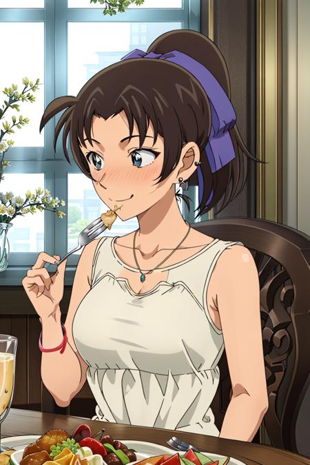 kazuhatv,1girl,solo,short hair,hair ribbon,ponytail,medium breasts,nose blush,embarrassed, sleeveless dress,earrings, indoors, banquet,table, smile, necklace, table,fork,eating, chalice, food, flower, window, 
<lora:kazuhatv:0.8>