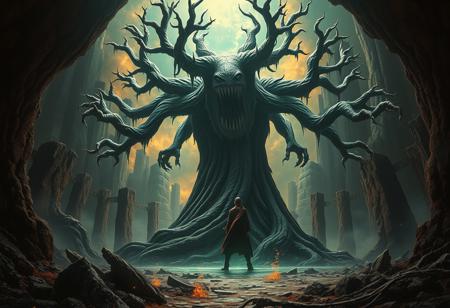BEHOLD moblin, A universe inside a universe within mysteriously unknowable known in an unfathomable realm of fantastic creation inhabited by ancient shadows of a forgotten time beyond the gate of the gateless gate where life is limitless, light is shadow and shadow is light, eerie sense, horror, spark of the beginning, existence and nonexistence at once, ethereal, behold the end of the beginning, inglorious glory to the dark one, betrayal of the ancient order, beware 7headed beast, destroyer of old ways, bearer of unbearable, nightmarish, archaic runes, tree aging backwards, breath of gods, ruins of a place unimagined, extreme intricate detail, photorealistic, beyond epic scene, fate discarded, unseeable face of god, the end is the beginning, the beginning is the end, man arises as god dies, as above so below, as below so above, emerald tablet, thoth, guardian and saboteur of existence, hopeless hope, ghosts of the unborn, conception of the inconceivable, cosmic well of imperceptible perception, evil aura, infinite emptiness, pillars of void, overwhelming subtlety, abstract sacred geometry, beams of readiness without intention, gift of doom, despair of the ages, hidden secret warnings from dead gods, carved by the conductor of unholy loneliness of time incarnate, consumed by the night itself, beautiful tragedy of hellish discovery, unraveling mist of unreal reality, proclaim the nameless name of collapsed eternity, infernal maleficium, flameless fire, astronomical