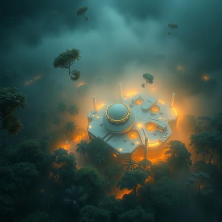 aerial view, a futuristic research complex in a bright foggy jungle, hard lighting