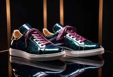 A high-gloss photo of a pair unique, high-end sneakers on display. The sneakers are adorned with luxurious materials. The image is cinematic, close-up, and raw, with a dark background and vivid colors. The setting gives off a luxurious and exclusive vibe, resembling a high-fashion photoshoot.