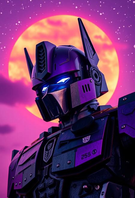 Purple and black Optimus Prime cowboy shot photograph with a purple sky, cosmic stars, an orange and blue synthwave sun background. Slightly turned. Damascus steel. Ultra-detailed. Hyper-realistic.