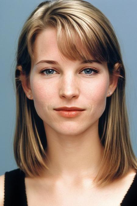 (CR-Bridg3tFonda-v2-summer4love263:0.9), face closeup portrait of young woman, slick hair, oiled shiny skin, grey background, (tilted pose shot:1.0),