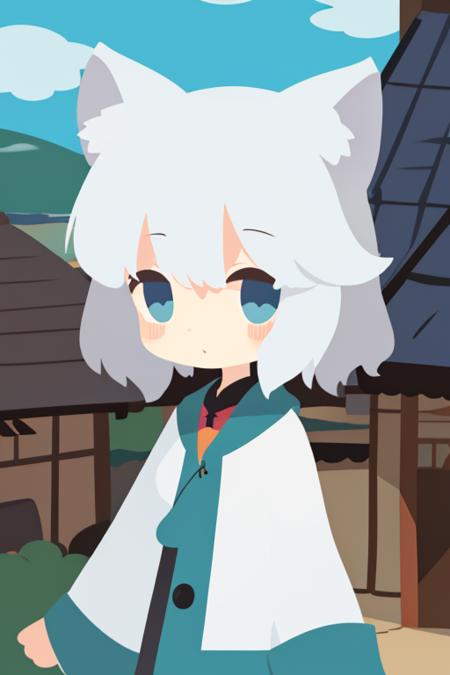 masterpiece,flat color1girl,chibi,white hair,blue eyes,kemono,village,afternoon,overcast,<lora:vectorv1-000150:1:1,0,0,0,0,0,0,0,1.2,0,0,1,1,1,1,0,0,1,1,1.1,1,1,1,1.3,1.3,1>