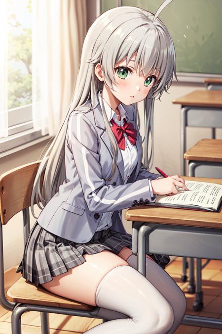 masterpiece,best quality,highres,ultra-detailed,bbnyaruko,long hair,ahoge,school uniform,jacket,grey jacket,red bowtie,shirt,skirt,checkered skirt,(white thighhighs:1.2),loafers,<lora:nyarlathotep_(nyaruko-san):0.8>,indoors,sitting,desk,chair,classroom,(studying:1.4),from_side,