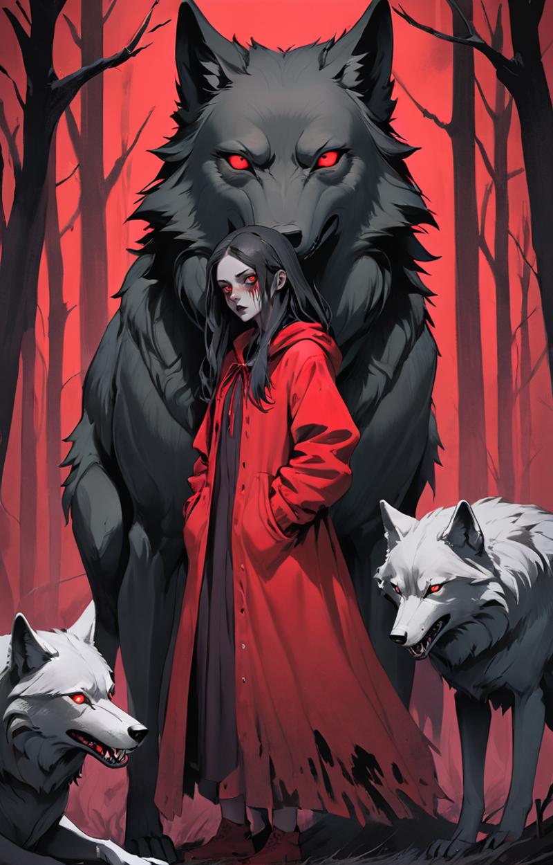 A girl wearing a red jacket stands in front of two wolves.