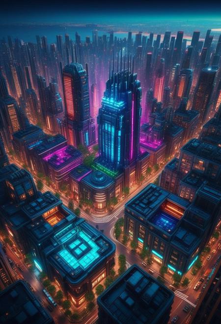 (A massive cyberpunk city with RGB lights illuminating many skyscrapers and buildings), aerial view, cyberpunk cityscape, large city, busy city, multiple levels, oppressive architecture, tall buildings, glowing structures, futuristic trees, digital art, cyberpunk style, high detail, vibrant lighting, (atmospheric lighting:1.2), detailed architecture, intricate design, wide-angle shot, (aerial perspective:1.2), oppressive atmosphere, mechanical, detailed cityscape, cyberpunk city, detailed landscape, RGB colors, detailed textures, digital painting, (city architecture:1.3), (sunset:1.2), (vibrant color palette:1.2), 8k resolution, epic scale, landscape painting, detailed city environment, composition, scenic view, (ethereal:1.5), gorgeous, masterpiece, (art nouveau style architecture:1.5),