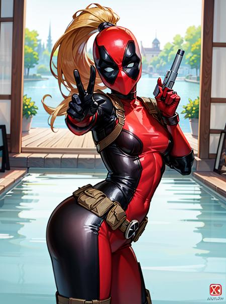 (LadyPool open clothes:1), 1girl, (superhero, bodysuit, red leotard, belt, gun, hood, long hair, ponytail:1), (red mask, covered face:1), looking at viewer, cute pose, leaning forward,
(detailed landscape, mansion, pool:1), (dynamic_angle:1), (dynamic_pose:1.2), 
(masterpiece:1.2), (best quality, highest quality), (ultra detailed), (8k, 4k, intricate), (Cowboy shot:1.2), (50mm), (highly detailed:1.2),(detailed face:1.2), detailed_eyes,(gradients),(ambient light:1.3),(cinematic composition:1),(HDR:1),Accent Lighting,extremely detailed,original, highres,(perfect_anatomy:1.2),
<lora:LadyPool_character:0.6>