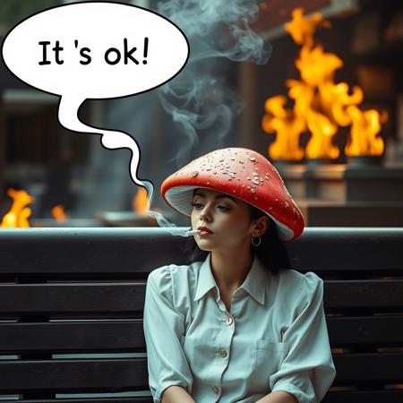 Mushroom woman with pokerface smoking on bench, speech bubble "It`s ok" against the backdrop of burning servers