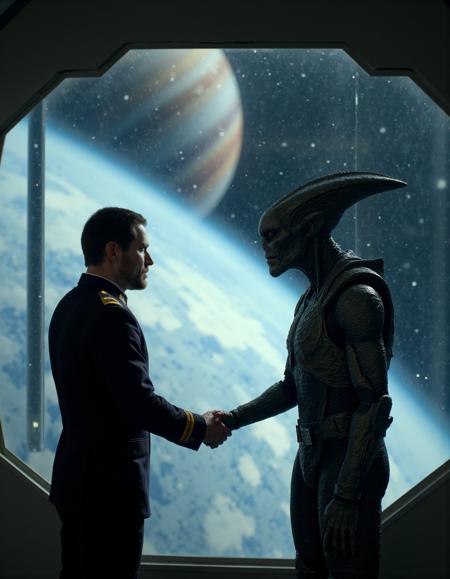 Cinematic scene on a spaceship, large glass wall overlooking a foreign planet in space,  a man in a futuristic military uniform shake hands with a tall grey alien figure also wearing metal uniform, 
 <lora:CinematicStyleFlux_v1:1>