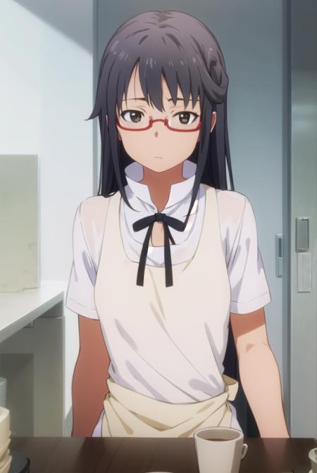 mayamatsumoto, <lora:maya matsumoto s2-lora-nochekaiser:1>,
maya matsumoto, long hair, black hair, (brown eyes:1.3), glasses, apron, semi-rimless eyewear, red-framed eyewear, under-rim eyewear,
BREAK apron, waitress,
BREAK indoors, restaurant,
BREAK looking at viewer, (cowboy shot:1.5),
BREAK <lyco:GoodHands-beta2:1>, (masterpiece:1.2), best quality, high resolution, unity 8k wallpaper, (illustration:0.8), (beautiful detailed eyes:1.6), extremely detailed face, perfect lighting, extremely detailed CG, (perfect hands, perfect anatomy),