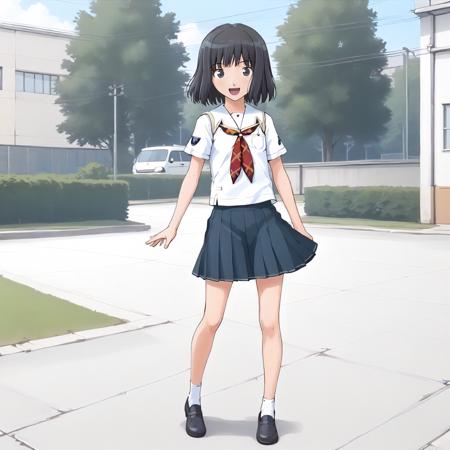 MitsukiShijo,1girl,black hair,medium hair,black eyes, school_uniform,white shirt,neckerchief,short_sleeves, pleated_skirt, gym shirt,white shirt,collared_shirt, red buruma, school_swimsuit,