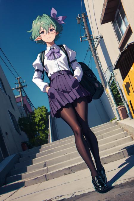 masterpiece, (detailed, highres, best quality), 1girl, <lora:spxc2Pandoria:1> pandoriadef, glasses, tail, black footwear, bow, brown bow, high-waist skirt, juliet sleeves, long sleeves, pantyhose, puffy sleeves, purple ribbon, purple skirt, ribbon, shirt, shoes, skirt, white pantyhose, white shirt, building, chromatic aberration, city, dutch angle, full body, outdoors, power lines, stairs, utility pole, backpack, closed mouth, hand in pocket, looking at viewer, solo