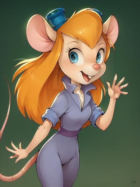 gadget, 1girl, solo, long hair, mouse tail, mouse ears, blue eyes, furry, buck teeth, orange hair