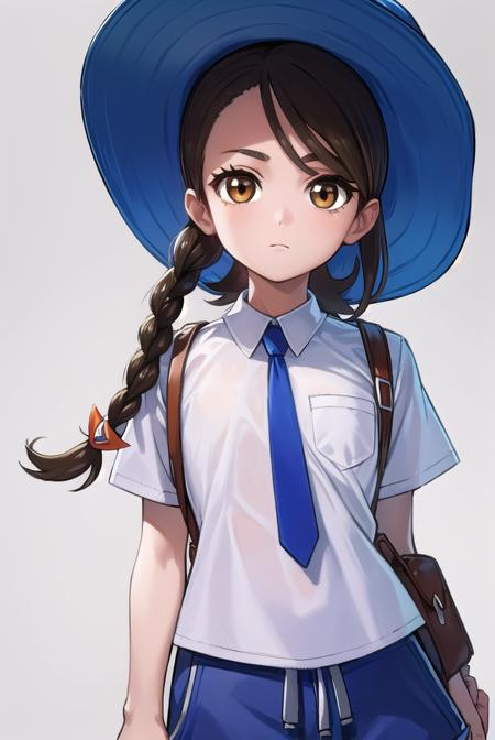 pokemonjuliana, <lyco:pokemonjuliana-lyco-nochekaiser:1>,
pokemonjuliana, braid, (brown eyes:1.5), brown hair, hair ornament, hairclip, side braid, single braid, swept bangs,
BREAK backpack, bag, black footwear, blue headwear, blue shirt, breast pocket, collared shirt, hat, kneehighs, naranja academy school uniform, necktie, orange necktie, orange shorts, pocket, school uniform, shirt, shoes, short sleeves, shorts, socks, striped, striped shorts, sun hat, white socks
BREAK looking at viewer, full body, (cowboy shot:1.5),
BREAK outdoors,,
BREAK <lyco:GoodHands-beta2:1>, (masterpiece:1.2), best quality, high resolution, unity 8k wallpaper, (illustration:0.8), (beautiful detailed eyes:1.6), extremely detailed face, perfect lighting, extremely detailed CG, (perfect hands, perfect anatomy),