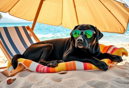 Masterpiece, best quality, highres, cute animal photography style, soft lighting, warm tropical tones, cinematic composition. A black labrador rests peacefully on a striped lounge chair by the shore of a sunny tropical beach. His sleek coat gleams under the soft sunlight, but he's shaded by a wide parasol that casts a gentle, dappled shadow across his body, keeping him cool. The dog lies in a classic curled-up pose, comfortably nestled atop a brightly colored beach towel soft and rumpled beneath his paws. he wears stylish round sunglasses with green lenses, slightly oversized for extra charm. In the reflective tint of the lenses, the sparkling turquoise sea stretches into the horizon, complete with soft white waves and a glimpse of distant palm trees swaying in the breeze. A small breeze tousles his floppy ears just slightly, and there's a half-chewed toy bone nestled beside one paw. the sand beneath the chair is clean and golden, with seashells scattered here and there. A few footprints trail away toward the water. The entire setting radiates peaceful vacation vibes tranquil, tropical, and full of sunshine, with the gentle rhythm of waves completing this serene summer day.