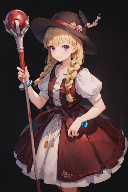 (masterpiece, best quality:1.2), <lora:dq11_veronica-10:1>, cowboy shot, solo, 1girl, veronica \(dq11\), smile, closed mouth, looking at viewer, (holding staff:1.2), red hat, purple eyes, red dress, puffy short sleeves, jewelry, bracelet