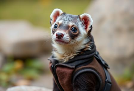 A domestic ferret in load bearing vest style, with a grey panties cutie mark. the background is looking at butt, and pinscher elements are seen.