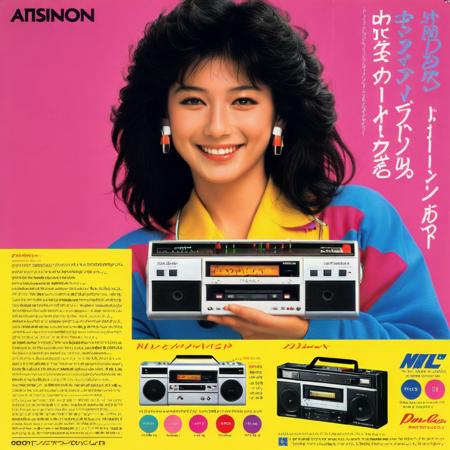 Visualize a nostalgic advertisement hailing from the 1980s in Japan. Dominating the scene is a radiant young woman with a vibrant smile, sporting trendy 80s attire complete with big hair, vibrant makeup, and chunky accessories. Clutched in her hand is a retro portable music player, the kind with a cassette tape compartment and big buttons. The Walkman is a reflection of the era's technological marvel, and it stands out with its metallic finish and brand label. Around the scene, neon lights and geometric shapes abound, reminiscent of 80s design aesthetics. The young woman is clearly enjoying the music, her posture relaxed yet energetic, encapsulating the spirit of youth and the joy of portable music, <lora:jp80:0.75>