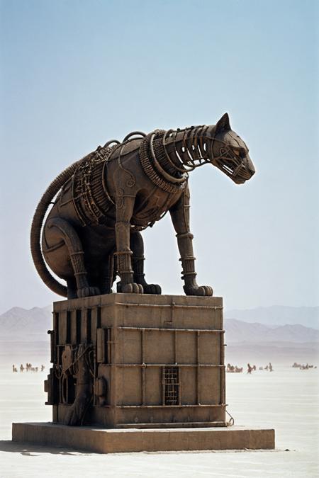 burning man festival, dusty desert <lora:BurningManV1:0.7>
photo of giant cat statue, pedestal, biomechanical, 1990s, with pipes attached to back,  beksinski style, surgical gear, sectioned, design, harness, plexus