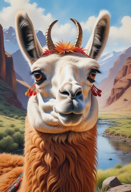 An exquisite 8K resolution matte painting of an adorable lama with captivating eyes, painted in the Gouache style with watercolor techniques. The artwork is rendered with impressive maximalist details, featuring thick brush strokes and impasto gouache, resulting in a textured, museum-quality masterpiece. The lama is set against a vivid, epic backdrop of a sunlit landscape, with lush greenery and a serene river, evoking a sense of awe and wonder. The overall atmosphere of the painting is one of warmth and enchantment.