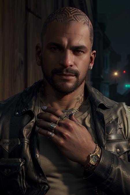 BoozerDays, 1boy, male focus, solo, facial hair, beard, realistic, jewelry, jacket, dark-skinned male, vest, dark skin, leather, ring, bald, upper body
 <lora:BoozerDays:0.7>