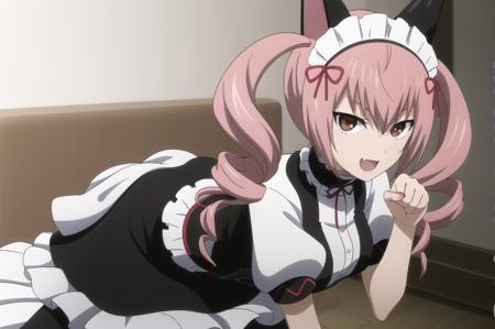 (masterpiece), high quality, detailed background, 1girl, solo,
<lora:SteinsGateFaris-v1-06:0.75>, Chopiofaris, pink hair, twin drills, long hair, brown eyes, (looking at viewer:1.3),
outfit_1, fake animal ears, maid, maid headdress, detached collar, short sleeve, wrist cuff, apron, black pantyhose,
bedroom, bed, on bed, all fours, smile, paw pose, open mouth, fang,