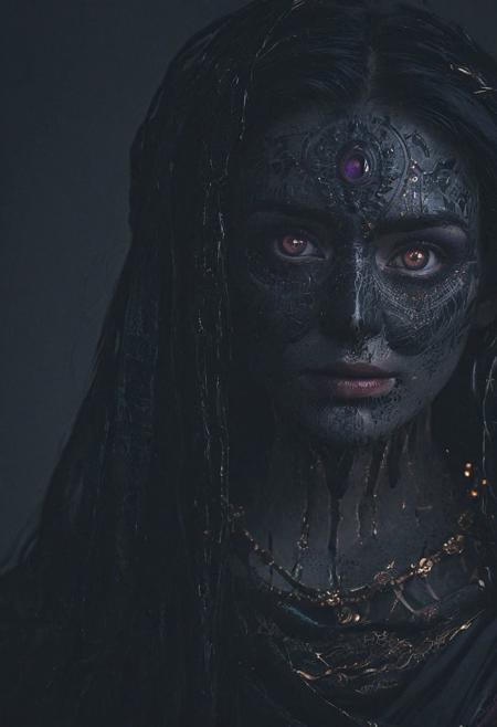Completely black screen, absolutely nothing, pure black, detailed, but the old goddess with glowing darkviolet eyes are rising, FastNegativeV2, double exposure