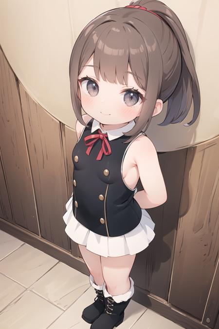 best quality, high quality, masterpiece, high resolution, 1 girl, solo, dark brown hair, bangs down, mini ponytail, short hair, dark brown eyes, upturned eyes, smile, ashamed, brush, standing, (((very small breasts))), coat, skirt, boots, Inner thigh, (((arms behind back))), anime illustrations, game CG illustrations, cute illustrations, western castle town, from above, looking at viewer