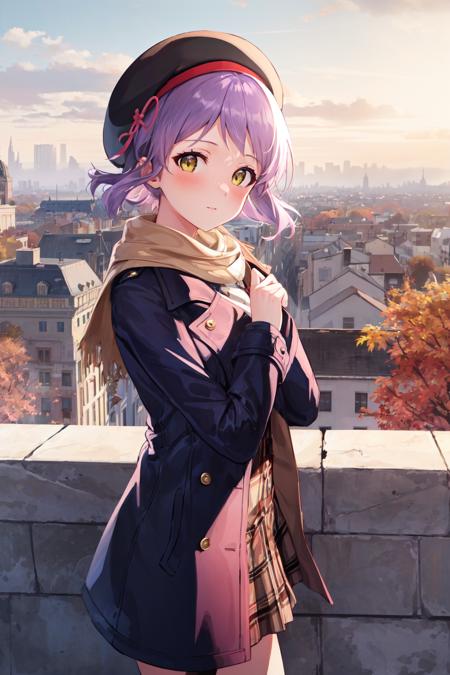 (masterpiece, best quality:1.4), looking at viewer, cowboy shot, blush, mizuki makabe, purple hair, short hair, yellow eyes, beret, coat, outdoors, cityscape, autumn, european architecture, <lora:mizuki_makabe_v1:0.7>