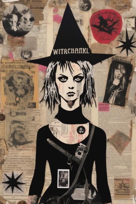 <lora:Punk Collage:1>Punk Collage - (Punk Witch Collage) A collage artwork combining punk aesthetics and witchcraft imagery, with torn pages from spellbooks, safety pins, and punk band patches, reflecting the subversive nature of both punk and witch cultures.