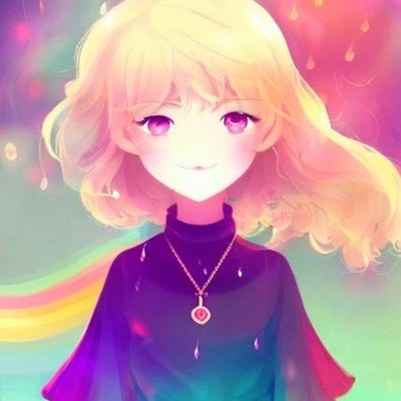 1girl, blush, choker, collarbone, jewelry,necklace, pendant, rainbow_eyes, blonde_hair, short_hair, smile, solo,thunderstorm,  upper_body,cinematic lighting, rim lightring,manwha1